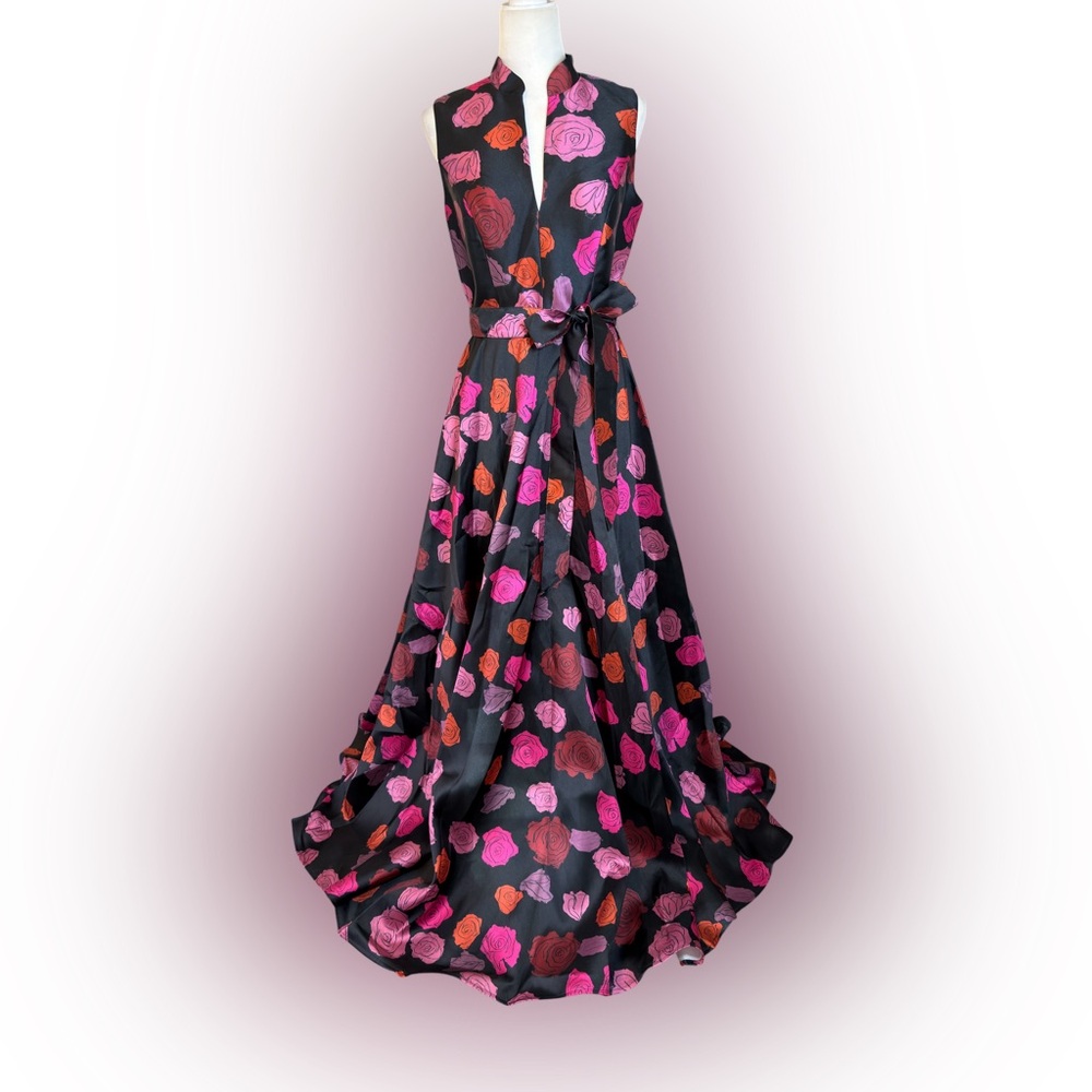 NWT Renee Ruiz Spring Dress Black Pink Floral Print Ball Gown Formal Prom Size 8